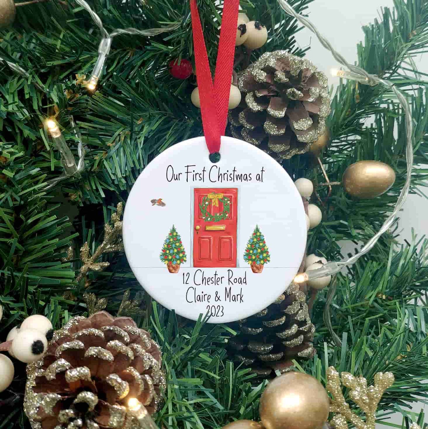 Christmas front door design, first Christmas at hanging ornament