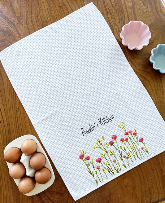 Personalised Pink Flowers Tea Towel