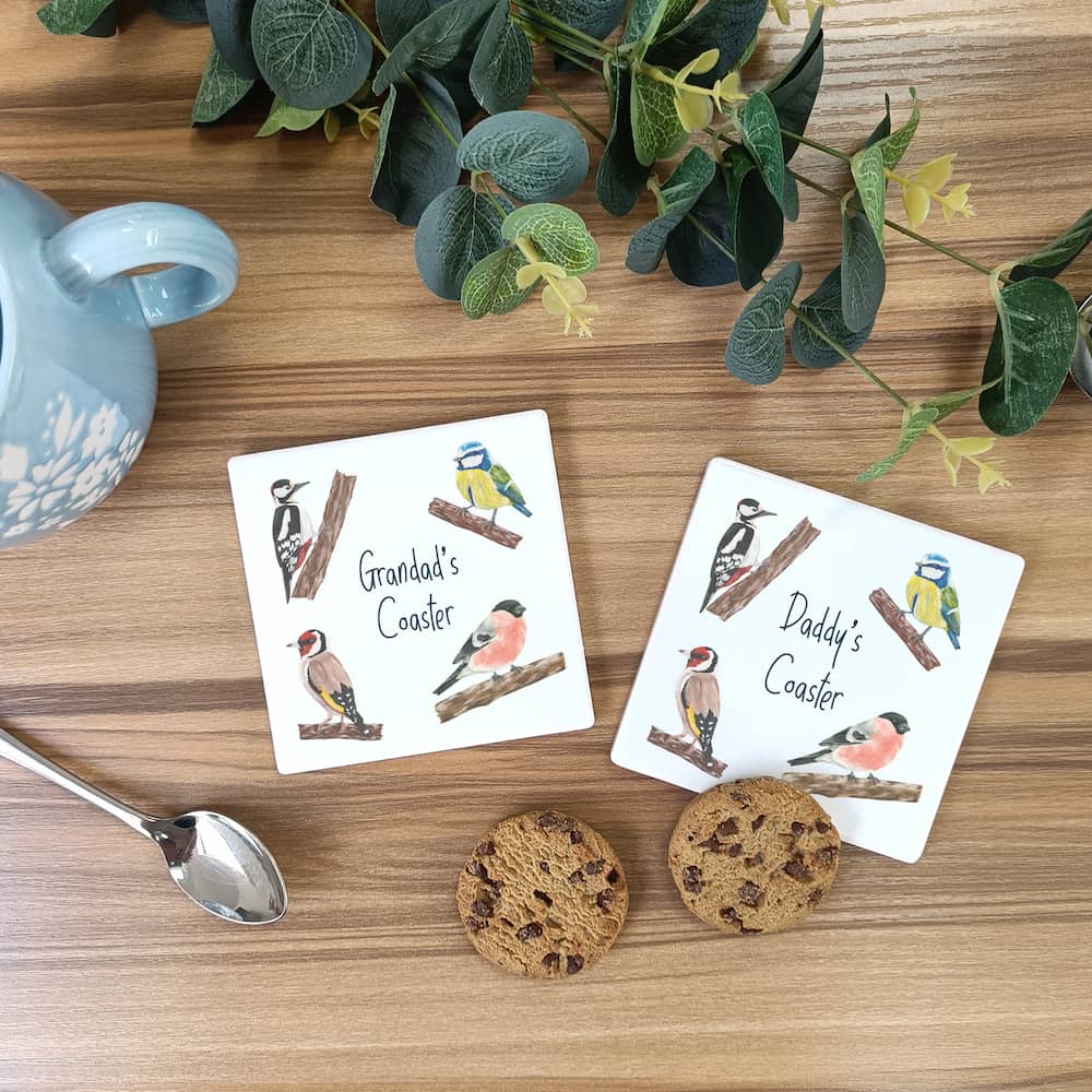 Personalised Garden Birds Ceramic Coaster. Bird Watching Coaster