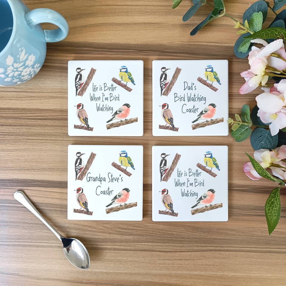 Personalised Garden Birds Ceramic Coaster. Bird Watching Coaster