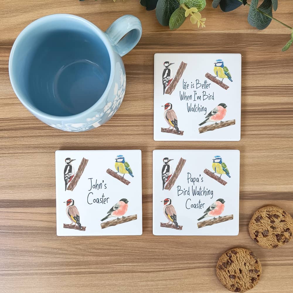 Personalised Garden Birds Ceramic Coaster. Bird Watching Coaster