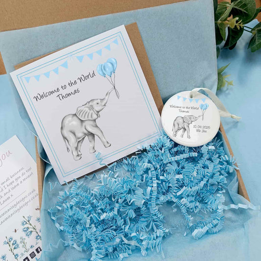 Personalised New Baby Gift | Illustrated Baby Elephant Card and Ceramic Heart Decoration