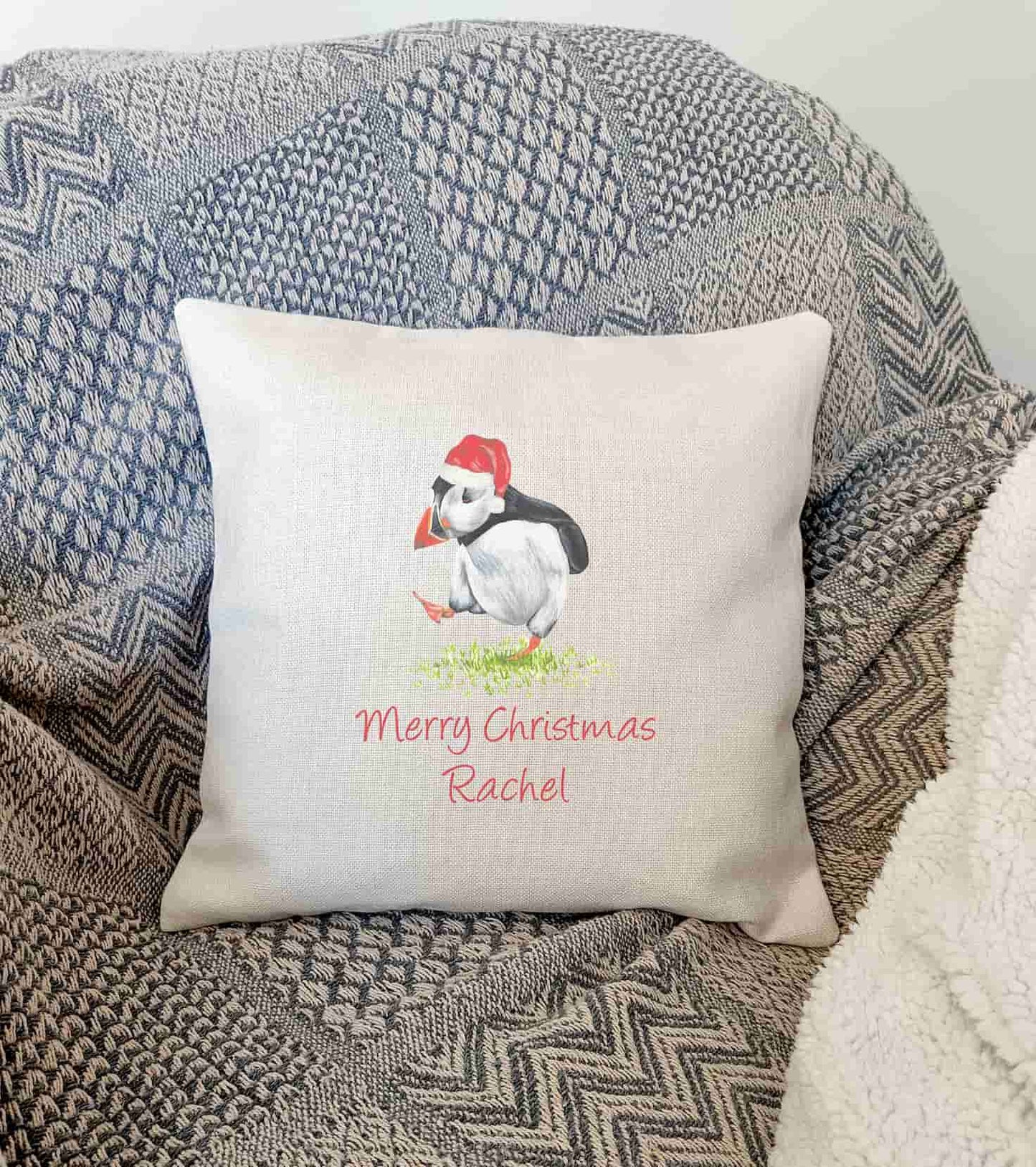 Personalised Puffin Christmas Cushion Cover