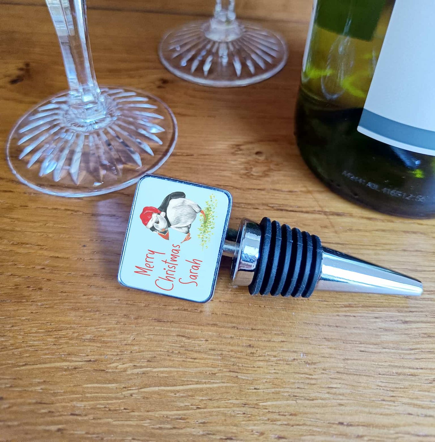 Personalised Puffin Christmas Bottle Stopper