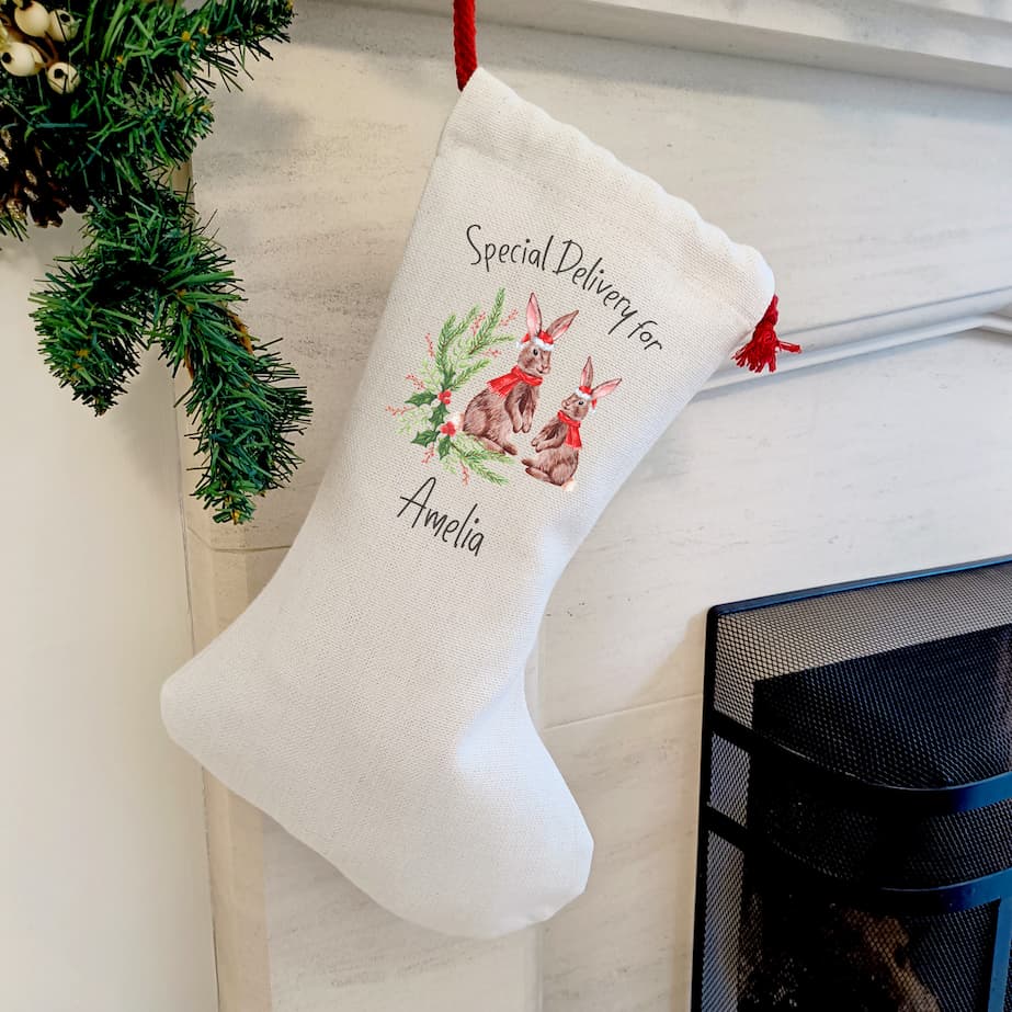 personalised rabbit Christmas stocking special delivery
