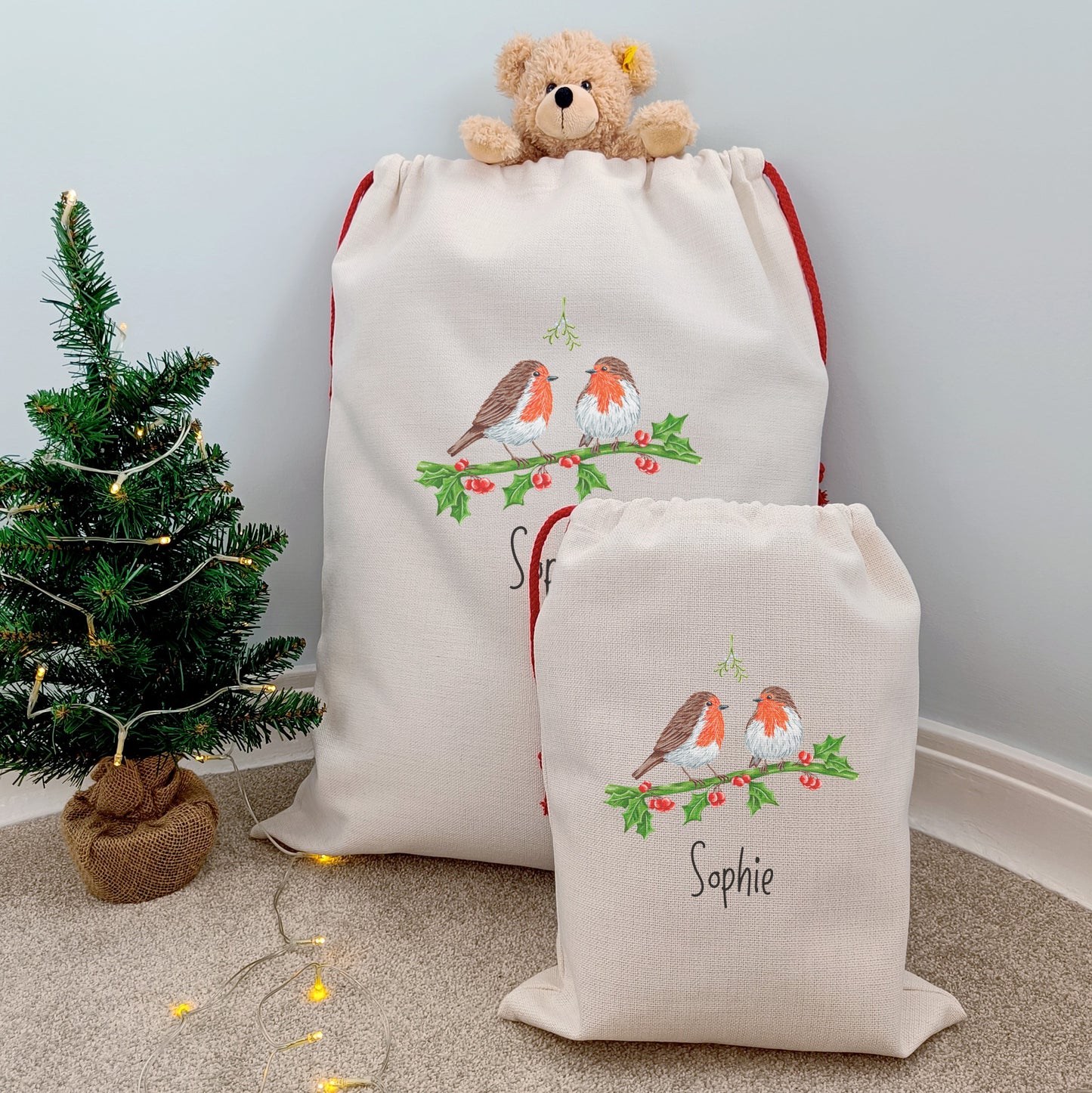 Personalised Robin Couple Christmas Sacks