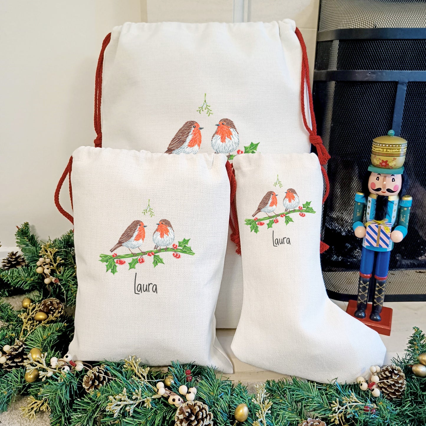 Personalised Robin Couple Christmas Sacks