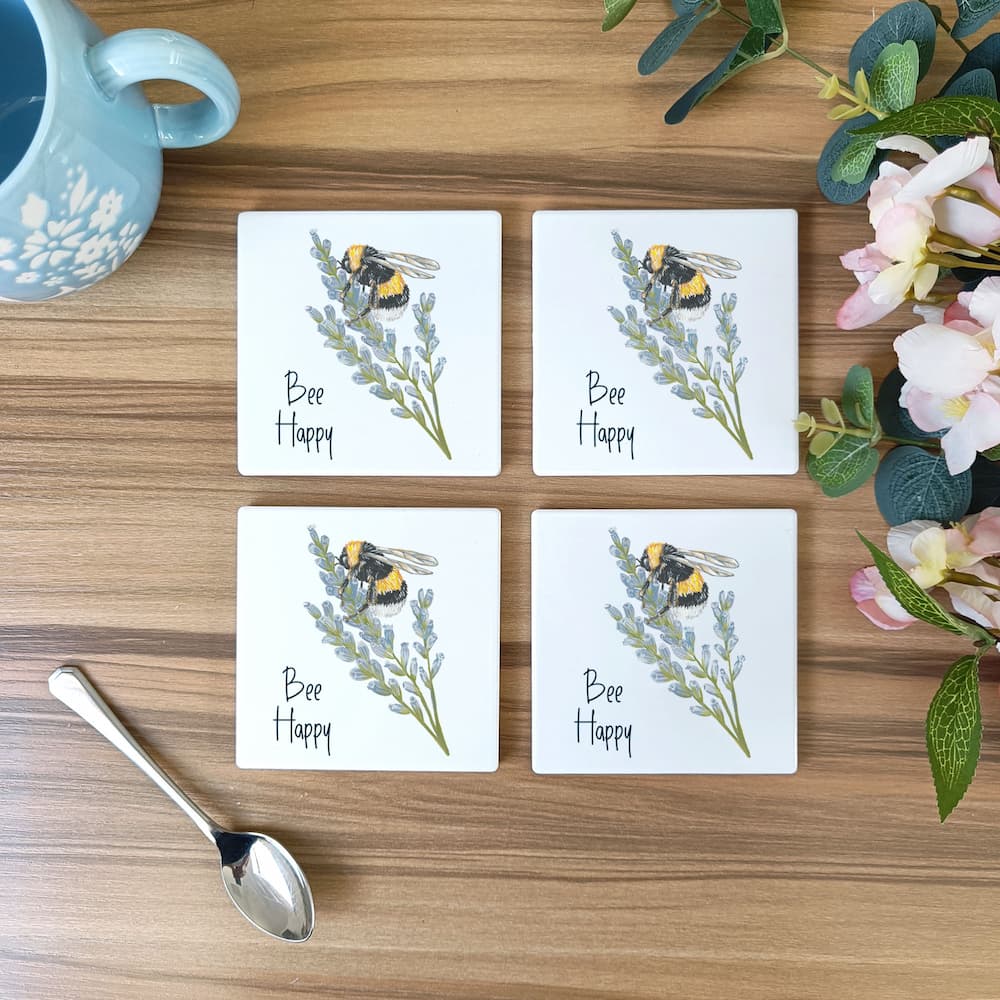 Bee Happy Ceramic Coaster | Bumble Bee Design