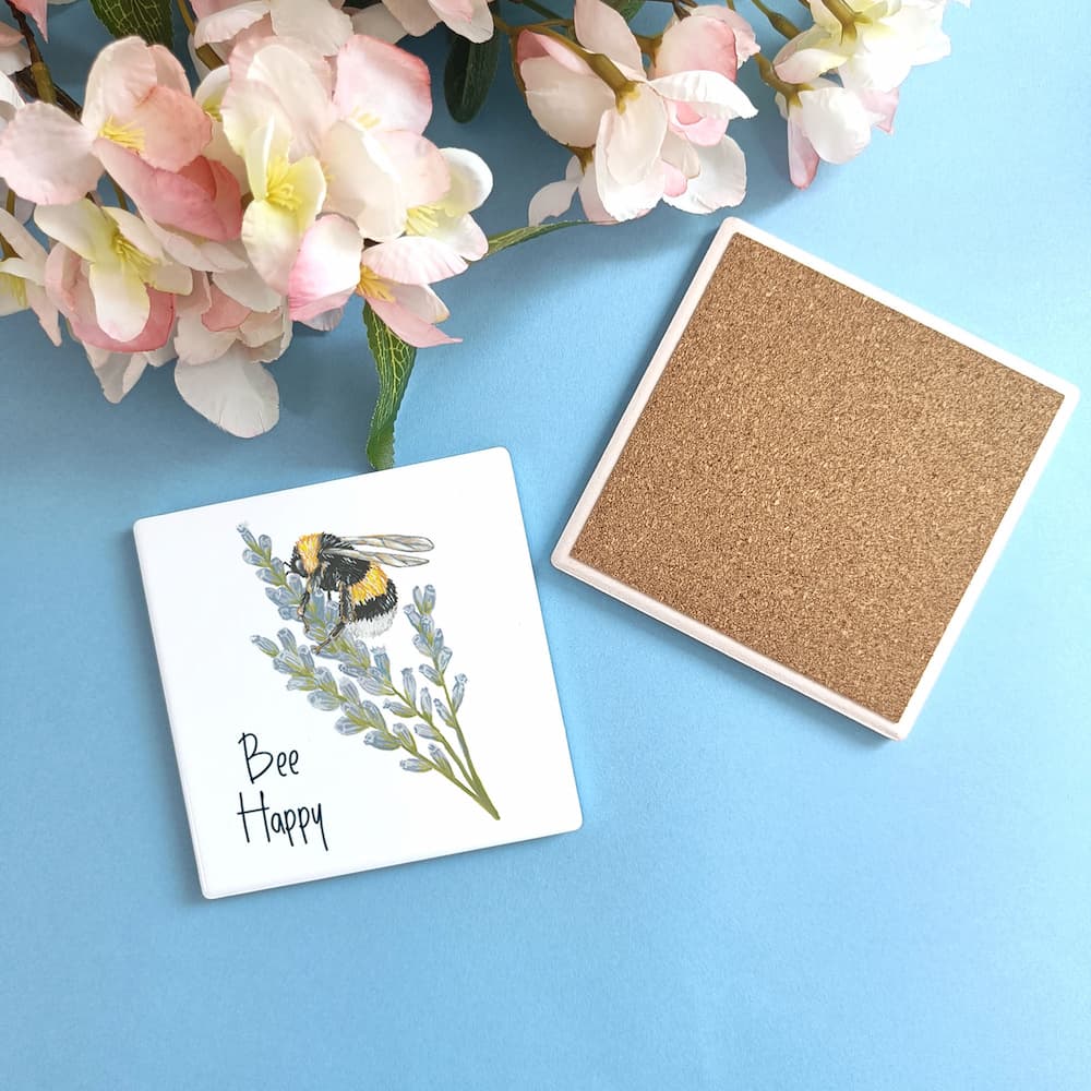 Bee Happy Ceramic Coaster | Bumble Bee Design