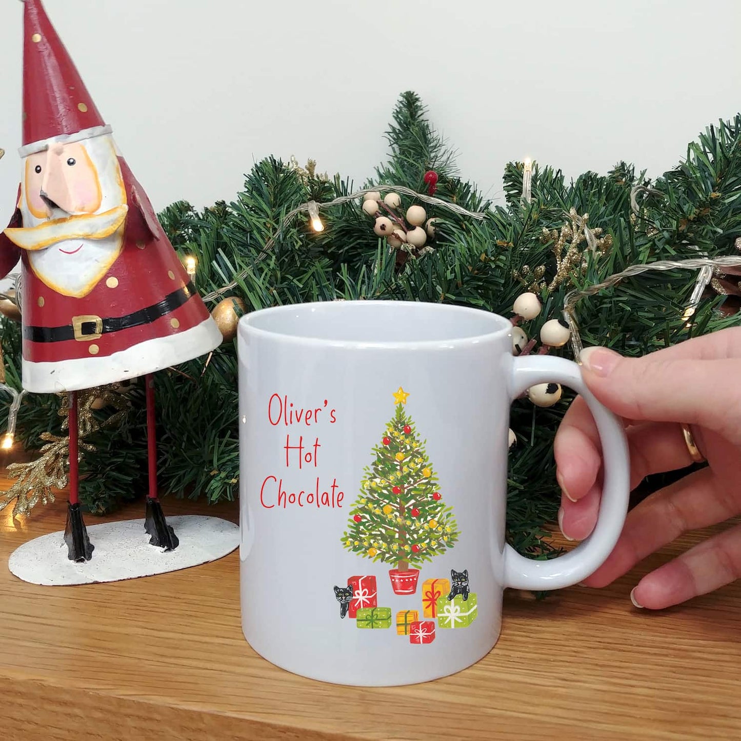 Personalised Christmas Mug | Cat's Christmas Tree Illustration