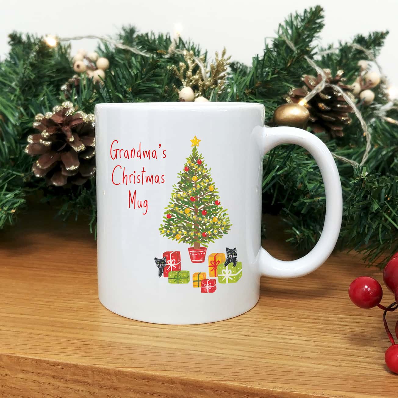 Personalised Christmas Mug | Cat's Christmas Tree Illustration