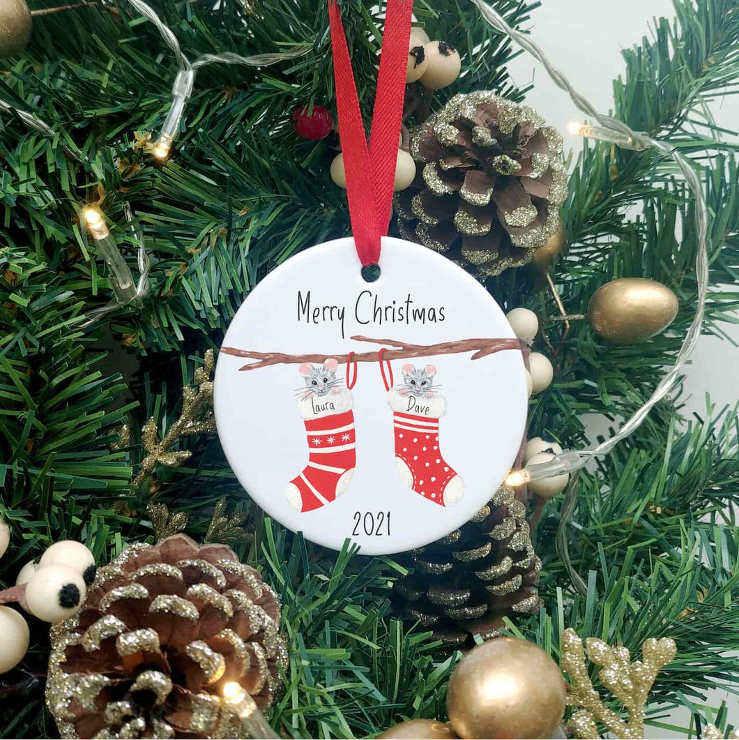 Personalised Christmas Tree Decoration | Christmas Stocking Mice Ceramic Hanging Ornament | Christmas Bauble