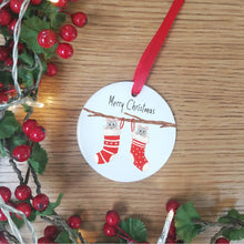 Load image into Gallery viewer, Personalised Christmas Tree Decoration | Christmas Stocking Mice Ceramic Hanging Ornament | Christmas Bauble
