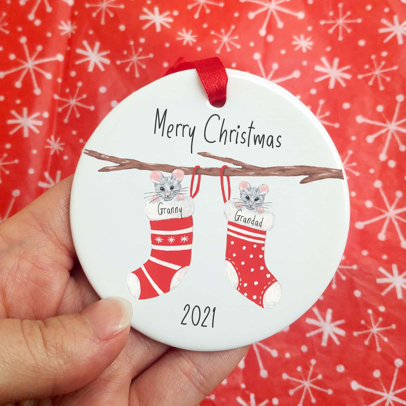 Personalised Christmas Tree Decoration | Christmas Stocking Mice Ceramic Hanging Ornament | Christmas Bauble