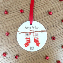 Load image into Gallery viewer, Personalised Christmas Tree Decoration | Christmas Stocking Mice Ceramic Hanging Ornament | Christmas Bauble
