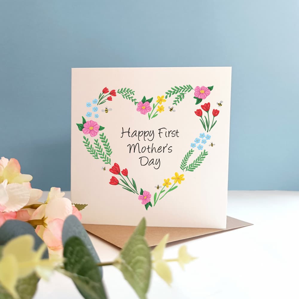 Happy First Mother's Day Floral Heart Card with Bumble Bees