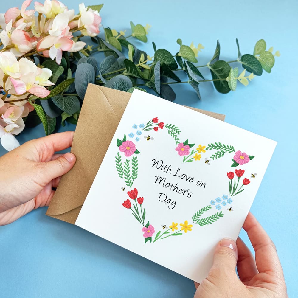 Floral Love Heart Mother's Day Card Bumble Bees