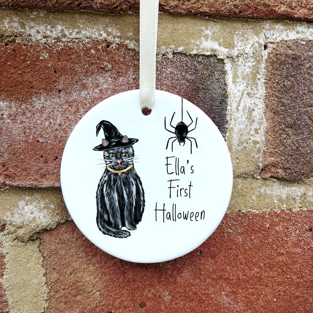 Witches Cat Halloween Ceramic Ornament | Baby's First Halloweeen Keepsake