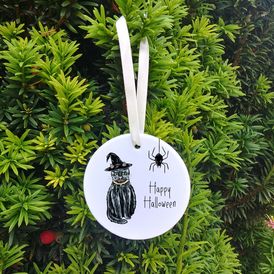 Witches Cat Halloween Ceramic Ornament | Baby's First Halloweeen Keepsake