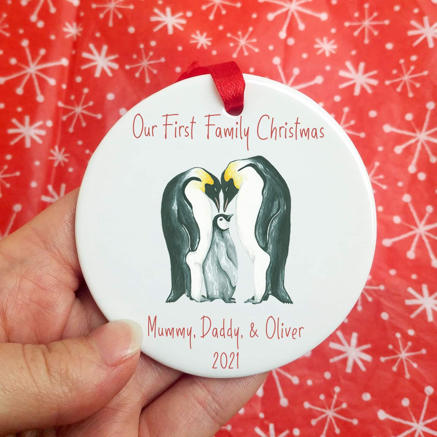 Personalised First Family Christmas Tree Decoration | Penguin Family of Three