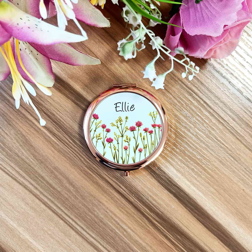 Floral Name Pocket Mirror | Pink Flowers Rose Gold Compact Mirror