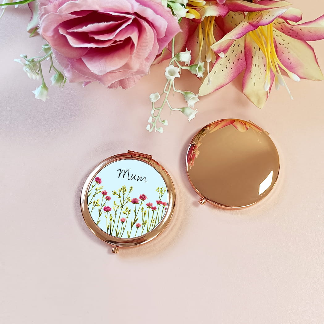 Floral Name Pocket Mirror | Pink Flowers Rose Gold Compact Mirror