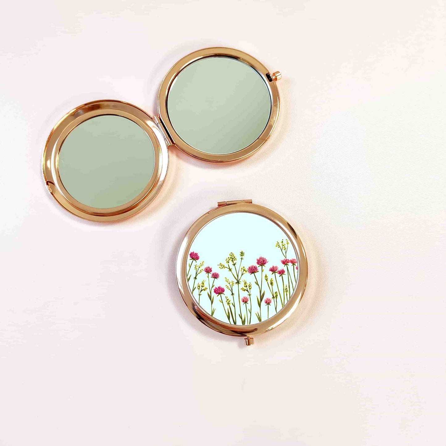 Floral Name Pocket Mirror | Pink Flowers Rose Gold Compact Mirror