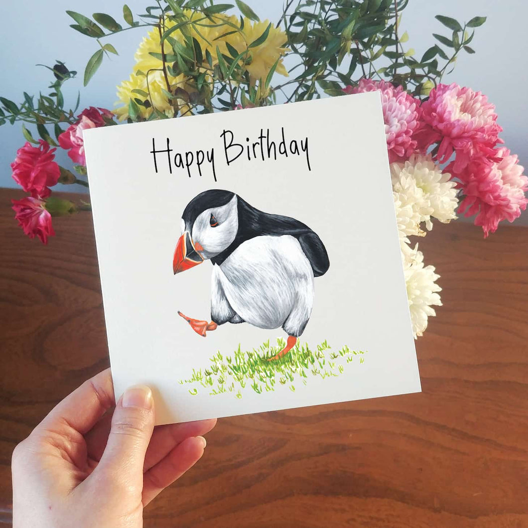 Illustrated Dancing Puffin Birthday Card