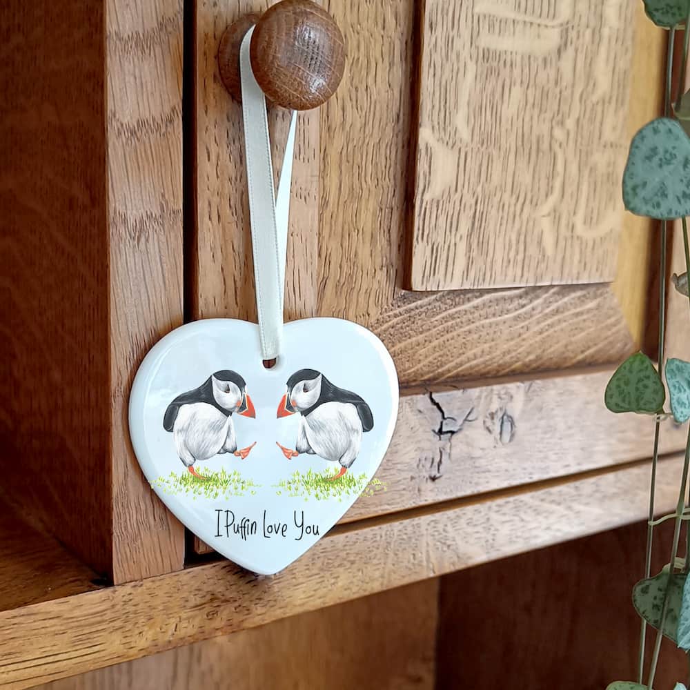Puffin Ceramic Heart Decoration