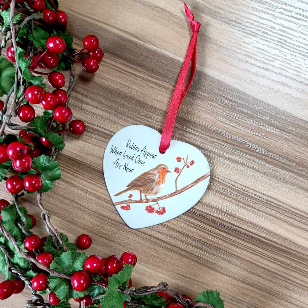 Personalised Robin Memorial Heart Christmas Decoration