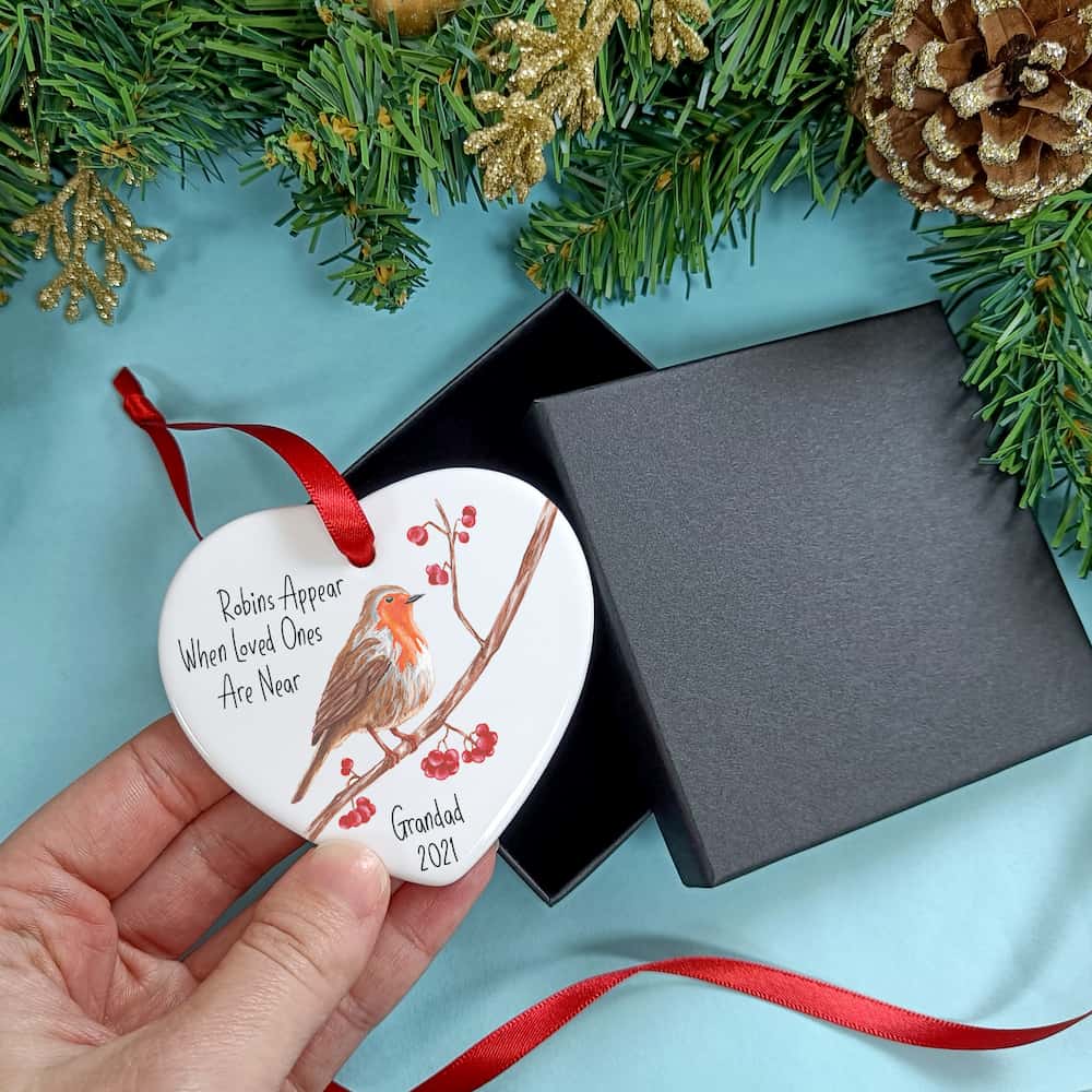 Personalised Robin Memorial Heart Christmas Decoration