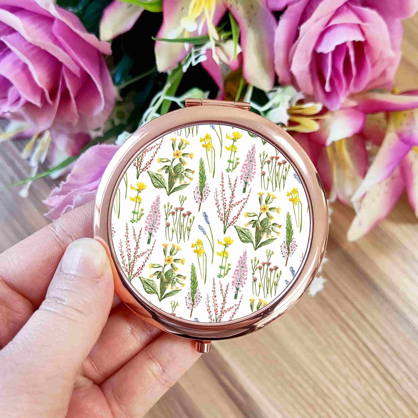 Wildflowers Pocket Mirror | Woodland Flowers Rose Gold Compact Mirror