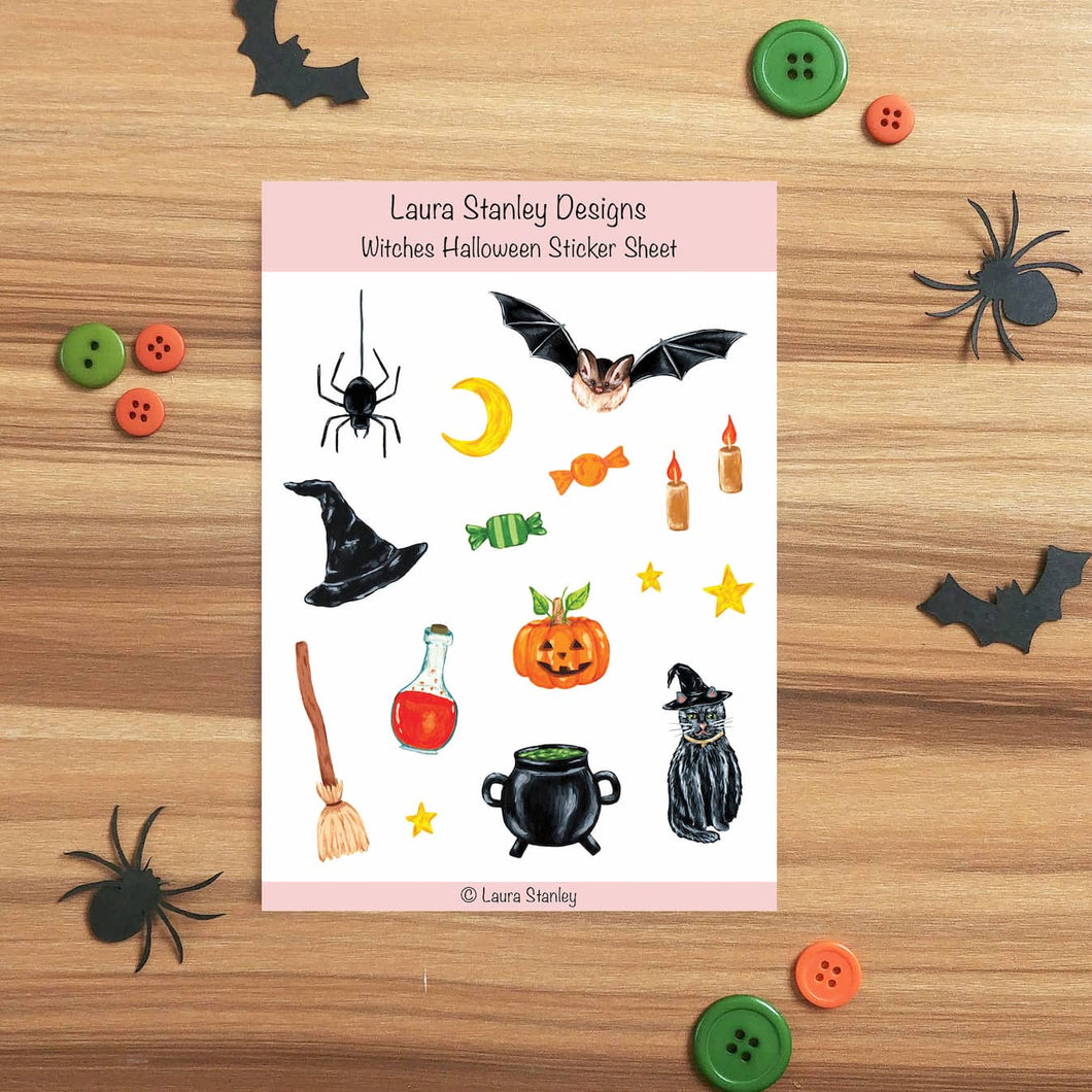 Witches Halloween Sticker Sheet | Black Cat and Pumpkins