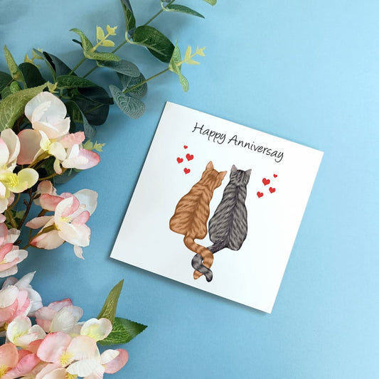 two tabby cats in love anniversary card