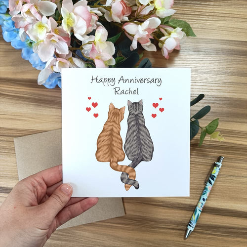 personalised cat anniversary card. Cats in love