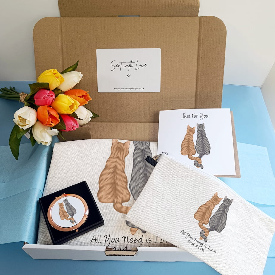 Cat Lover Gift Box, tote bag, make up bag, pocket mirror and greetings card