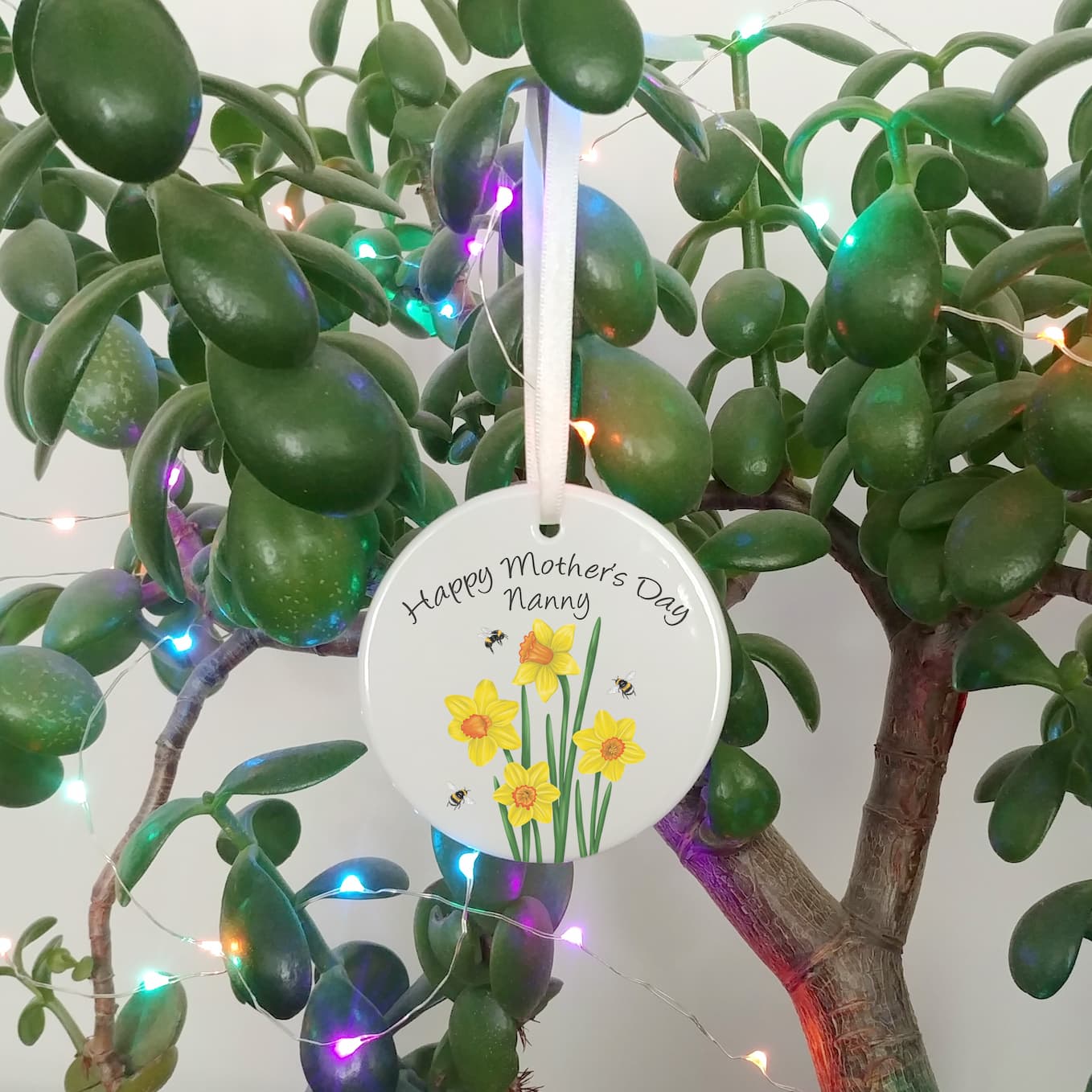 Personalised Mother's Day Gift | Illustrated Daffodil and Bee Card with Ceramic Decoration