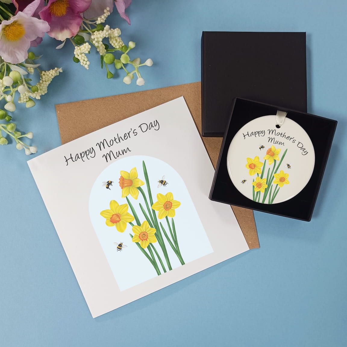 Personalised Mother's Day Gift | Illustrated Daffodil and Bee Card with Ceramic Decoration