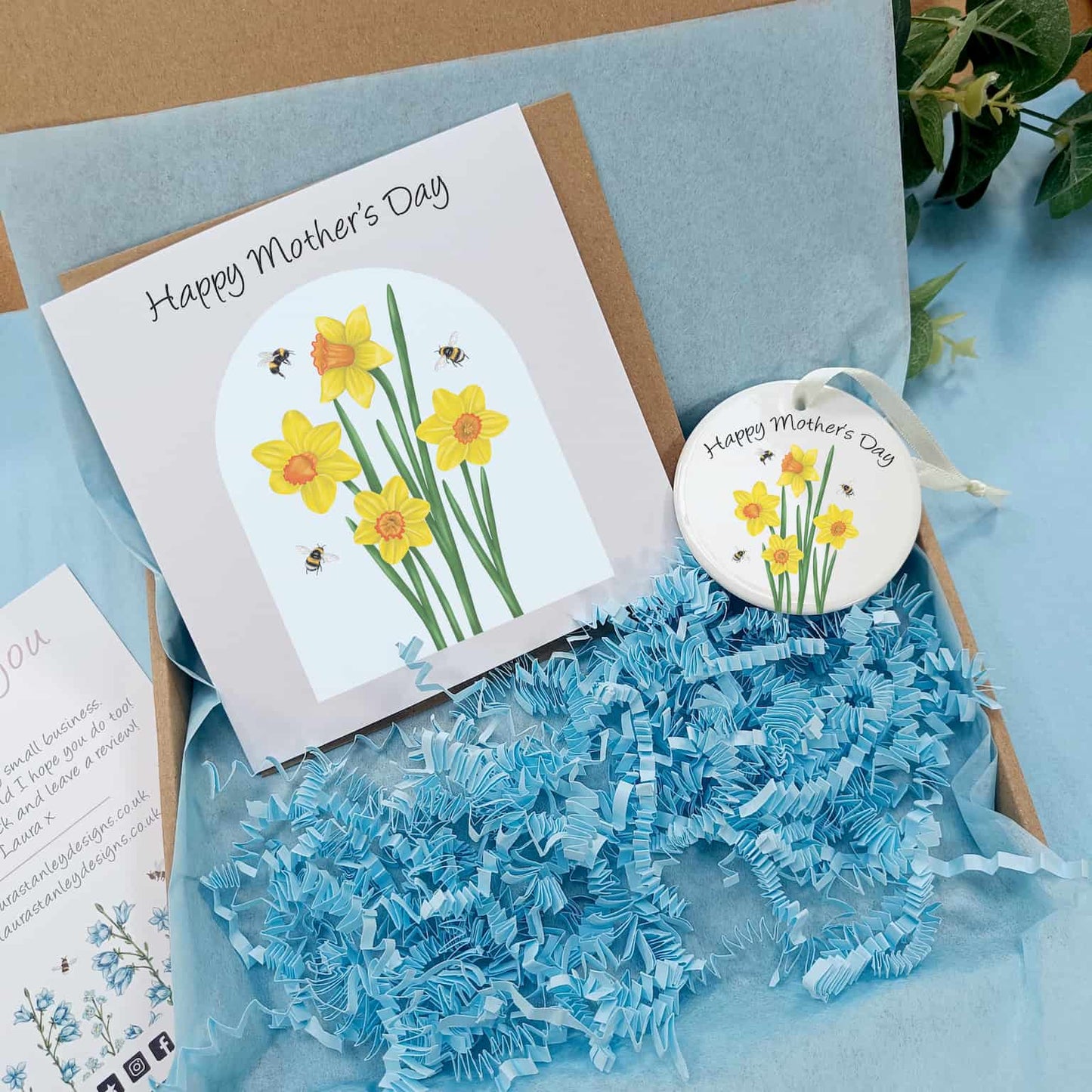 Personalised Mother's Day Gift | Illustrated Daffodil and Bee Card with Ceramic Decoration