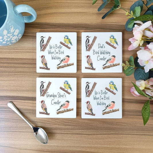 Personalised Garden Birds Ceramic Coaster. Bird Watching Coaster