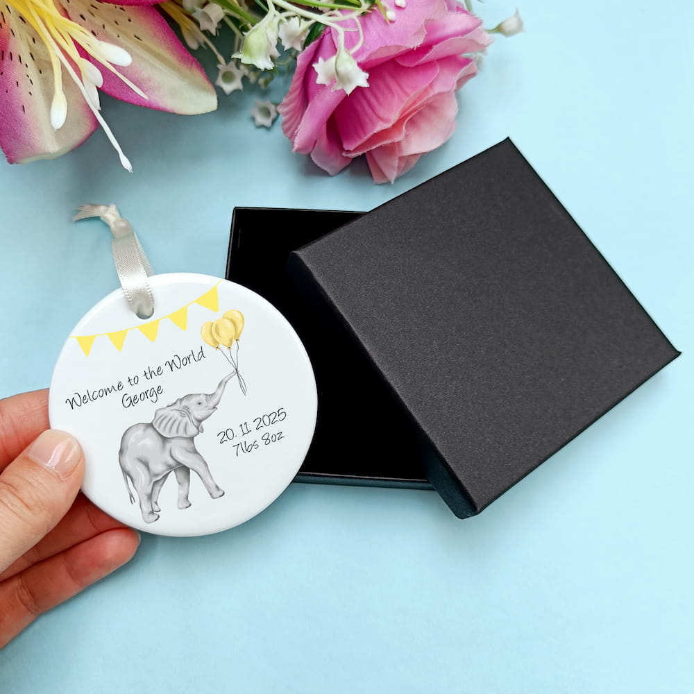 Personalised New Baby Gift | Illustrated Baby Elephant Card and Ceramic Heart Decoration