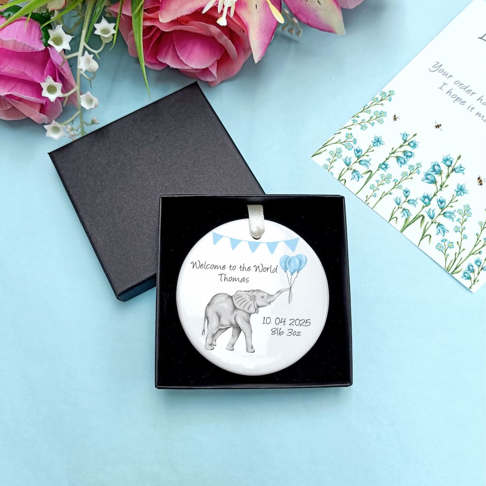 Personalised New Baby Gift | Illustrated Baby Elephant Card and Ceramic Heart Decoration