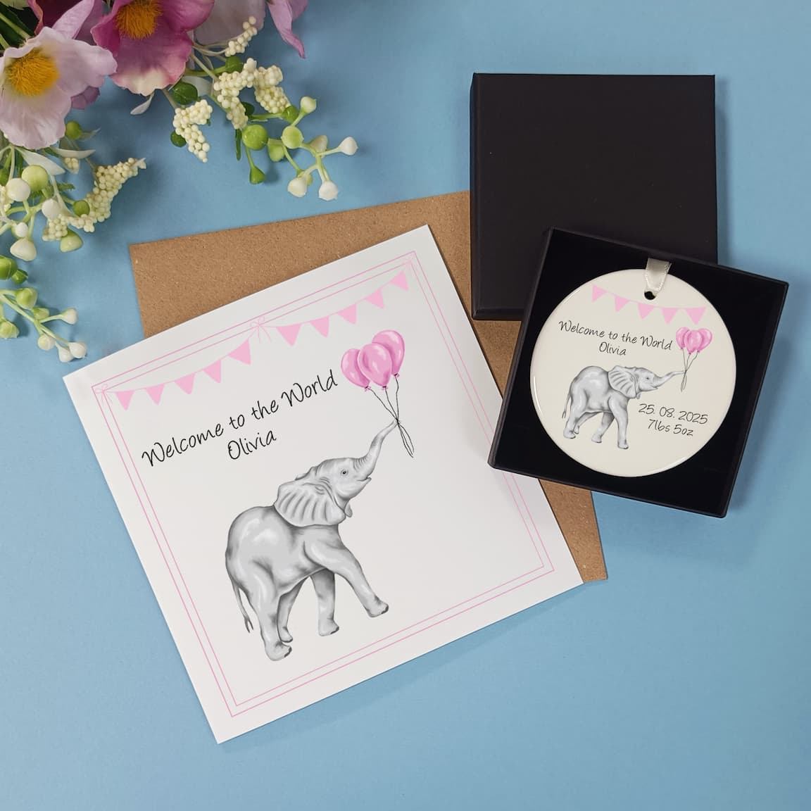 Personalised New Baby Gift | Illustrated Baby Elephant Card and Ceramic Heart Decoration
