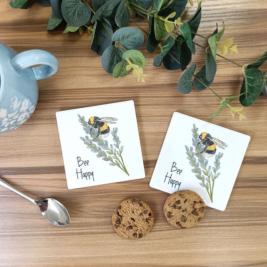 Bee Happy Ceramic Coaster | Bumble Bee Design