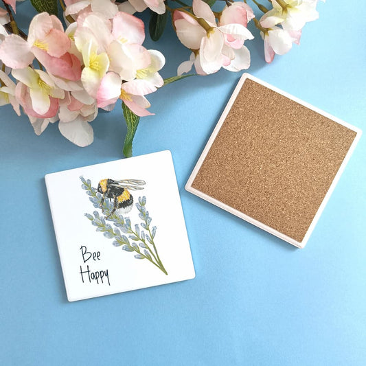 Bee Happy Ceramic Coaster | Bumble Bee Design