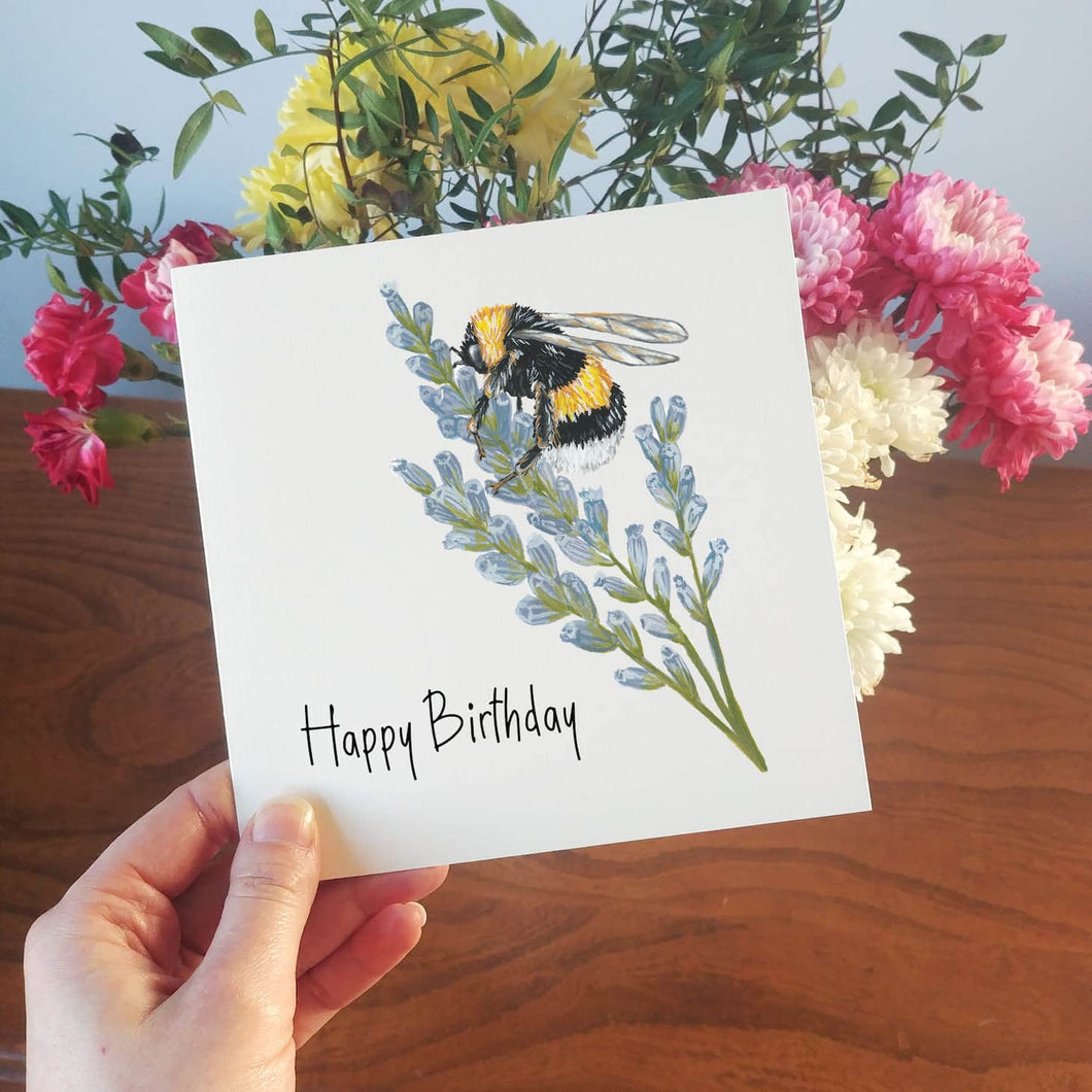 Illustrated Bumble Bee on Lavender Birthday Card