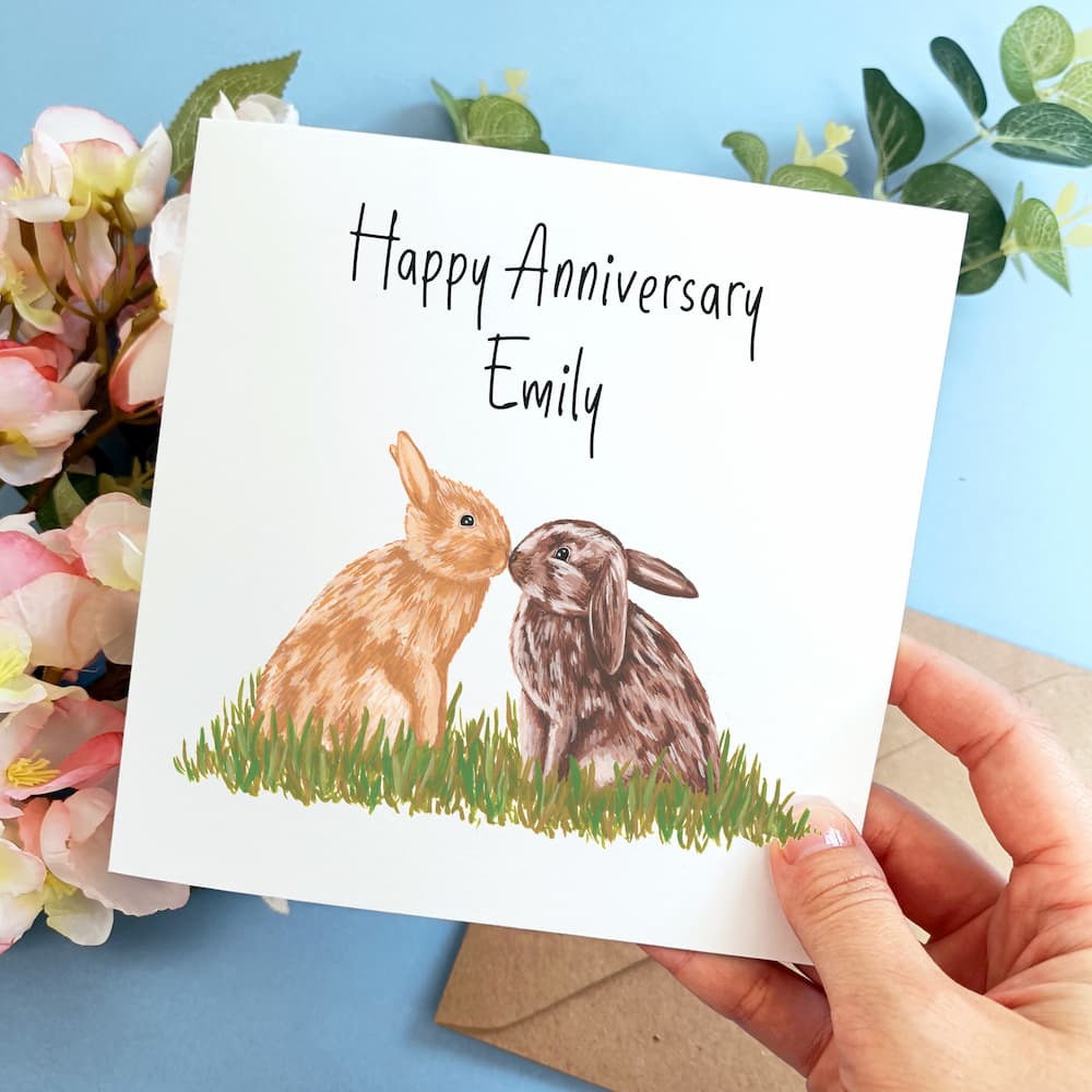Personalised Kissing Bunnies Anniversary Card
