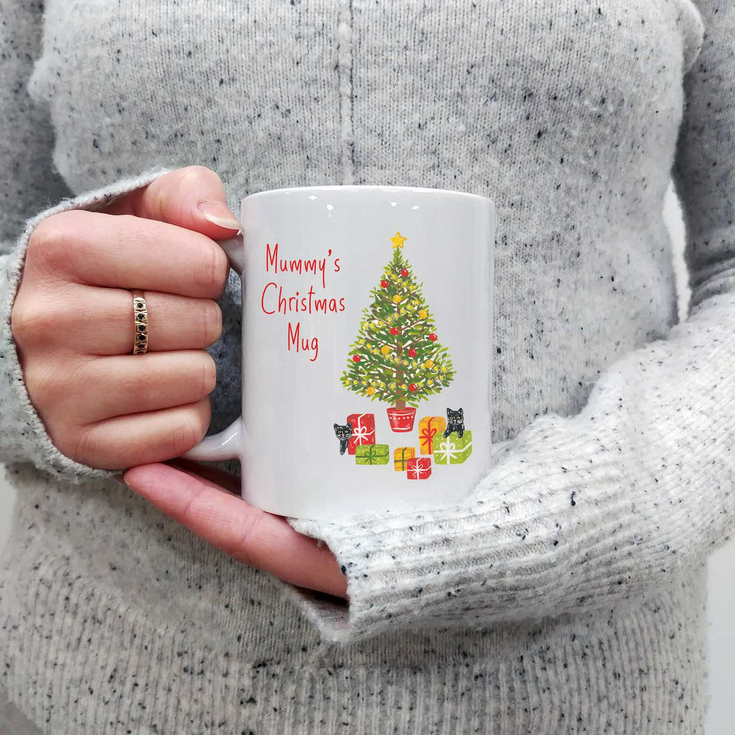Personalised Christmas Mug | Cat's Christmas Tree Illustration