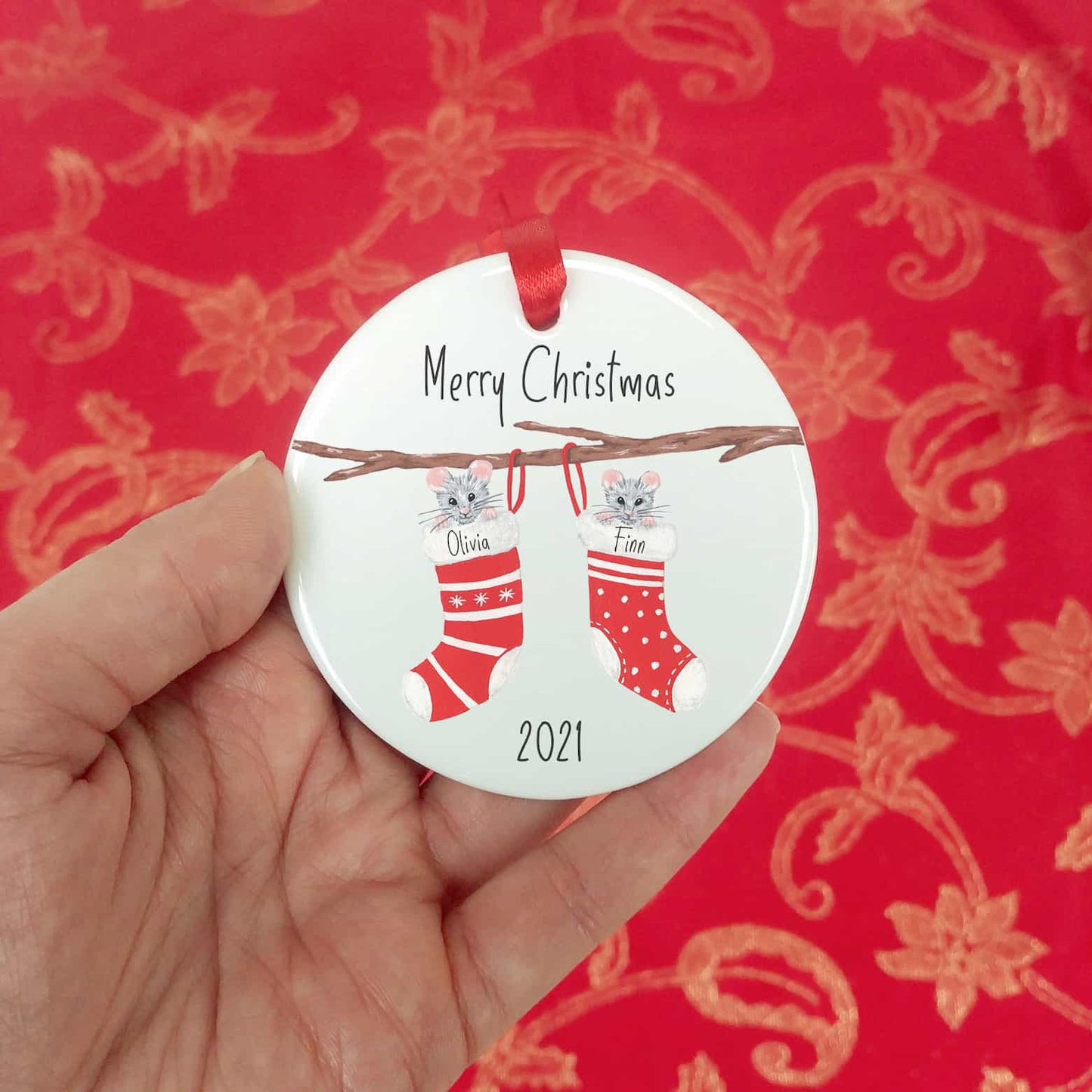 Personalised Christmas Tree Decoration | Christmas Stocking Mice Ceramic Hanging Ornament | Christmas Bauble