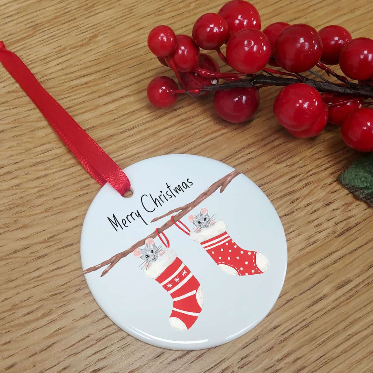 Personalised Christmas Tree Decoration | Christmas Stocking Mice Ceramic Hanging Ornament | Christmas Bauble